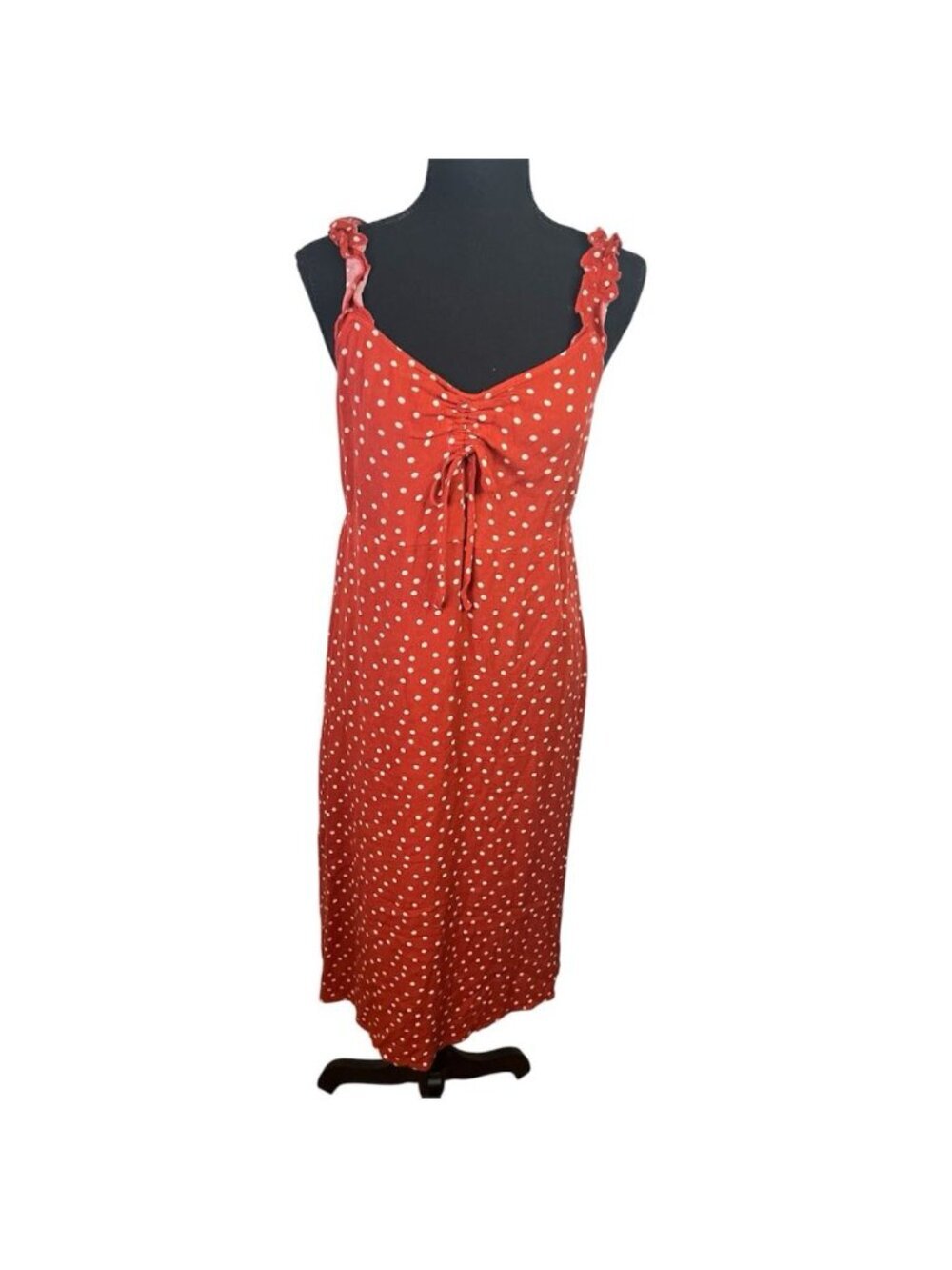 Just Found Polka Dot Rayon Ruffled Sleeveless Maxi Dress Sz XL Coquette Red Tan
